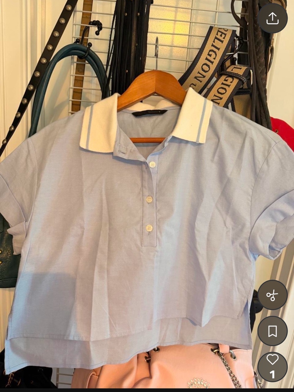 Zara Light Blue Cropped Polo Top with White Collar